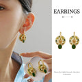 Vintage Flower Hook Earrings for Women, Gold and Green