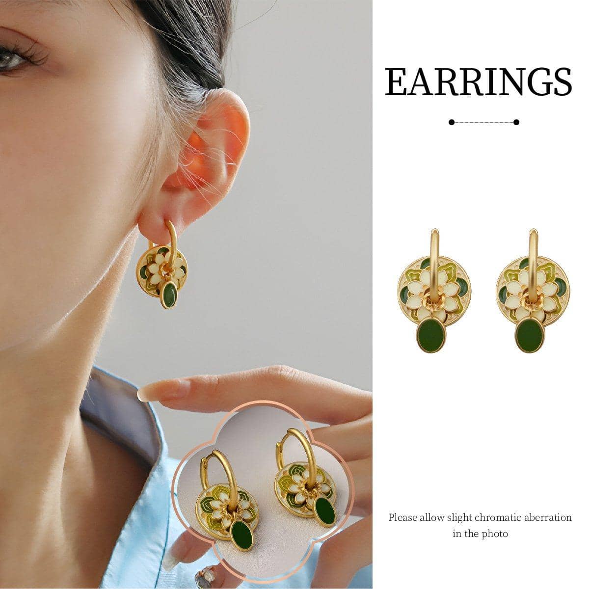 Vintage Flower Hook Earrings for Women, Gold and Green