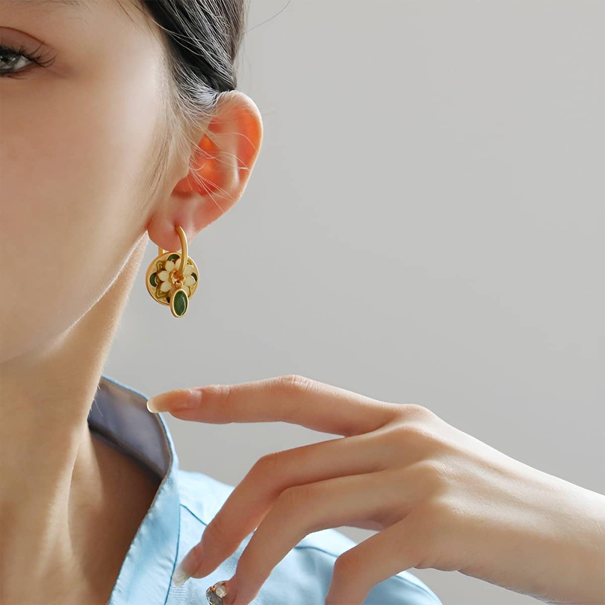 Vintage Flower Hook Earrings for Women, Gold and Green - view 4