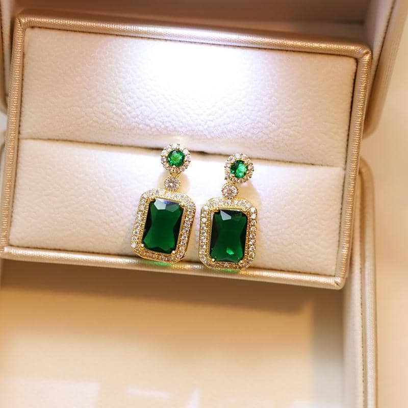 Vintage Green Simulated Emerald Drop Earrings - Gold Tone, Titanium Steel - view 5