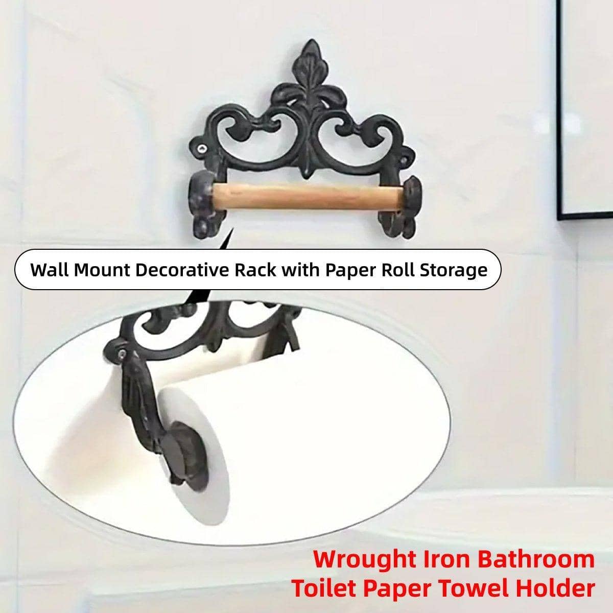 Vintage Iron Toilet Paper Towel Roll Holder, Wall Mount in Black - view 4