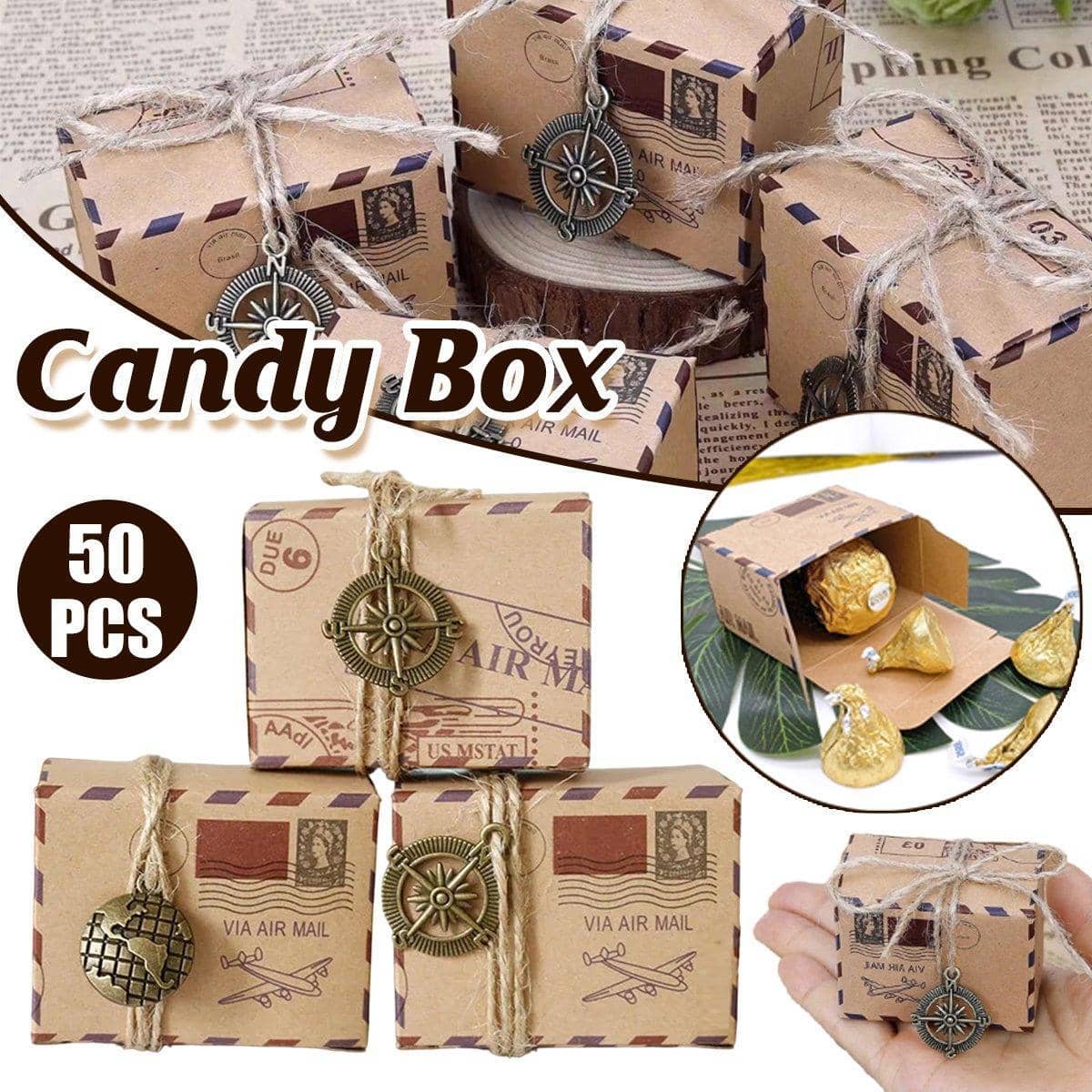 Vintage Kraft Paper Candy Boxes for Weddings, Pack of 50 - Natural Brown - view 2
