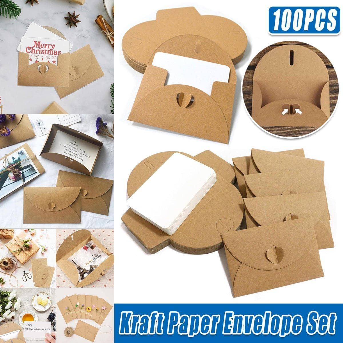 Vintage Kraft Paper Envelopes with Heart Clasp, Pack of 100