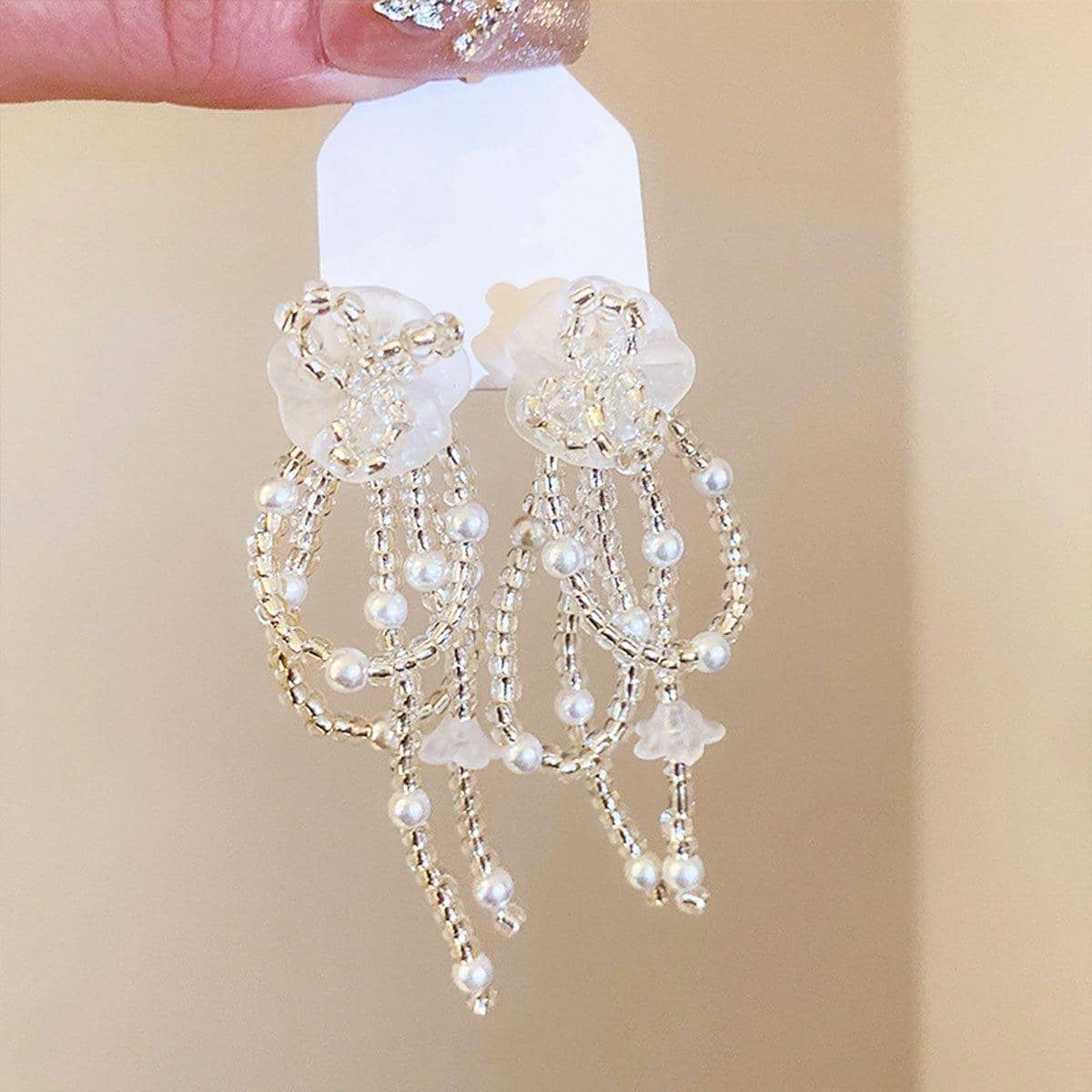 Vintage Long Drop Earrings with Pearls and Floral Stud for Women - view 3
