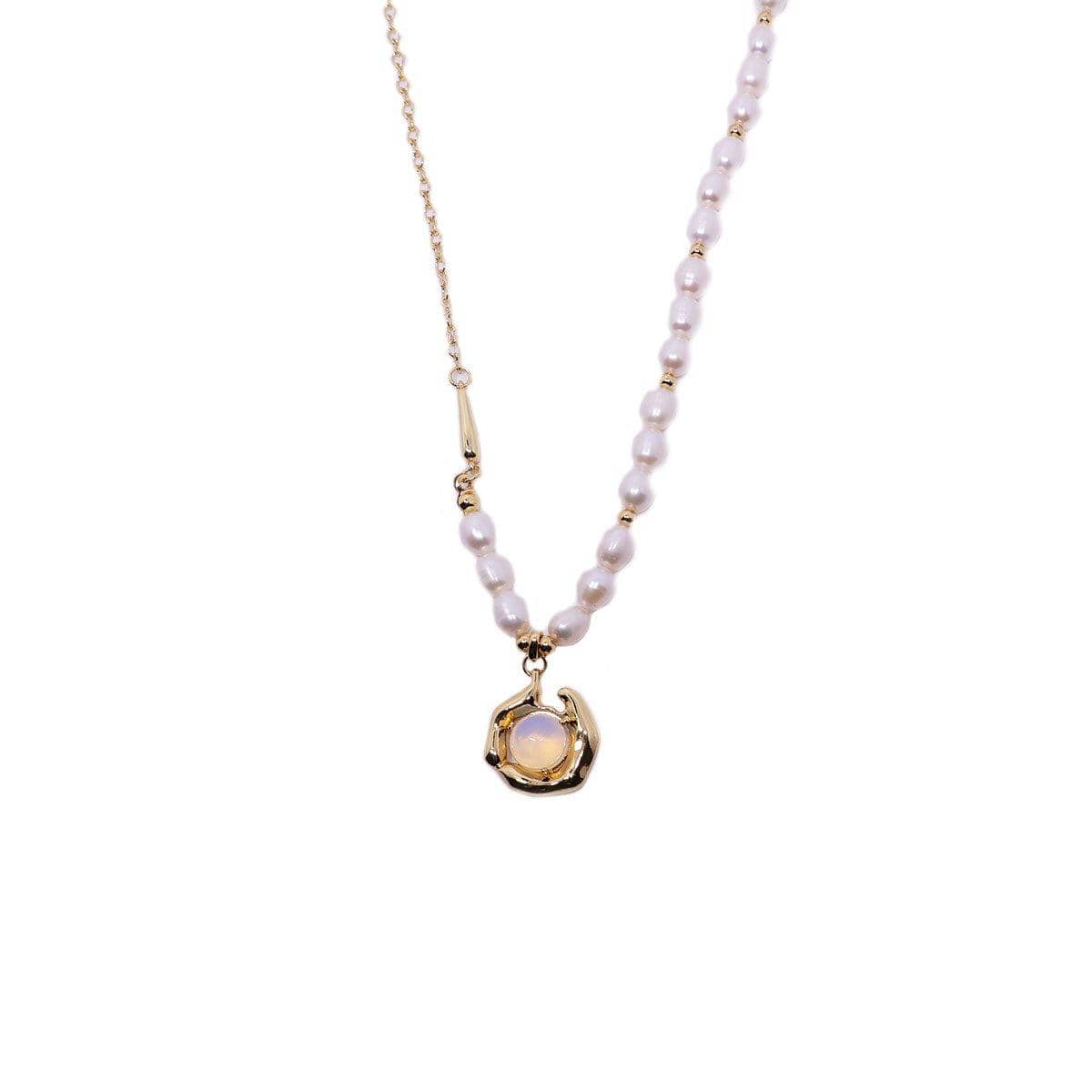 Vintage Moonstone and Pearl Necklace with Bone Chain - Gold