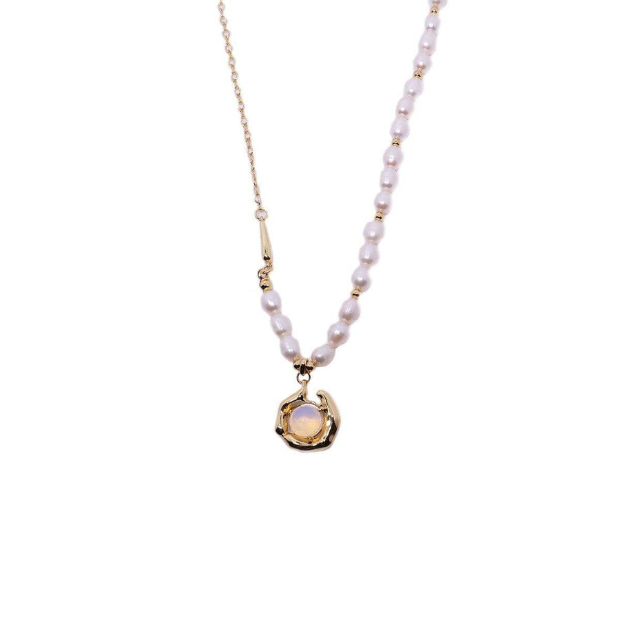 Vintage Moonstone and Pearl Necklace with Bone Chain - Gold