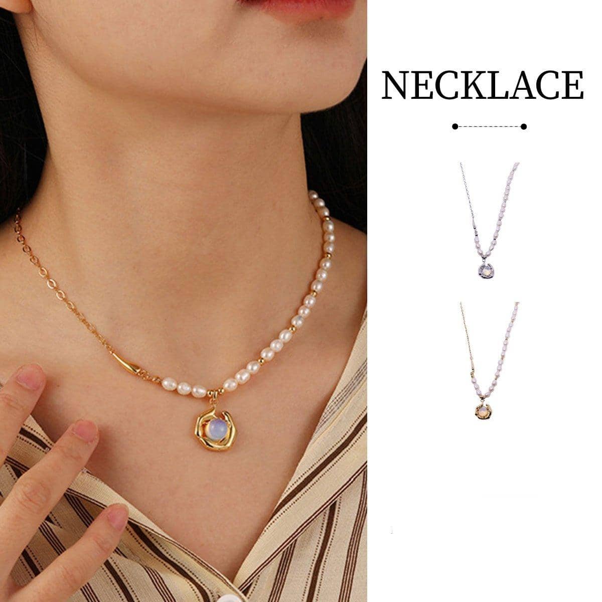 Vintage Moonstone and Pearl Necklace with Bone Chain - Gold - view 2