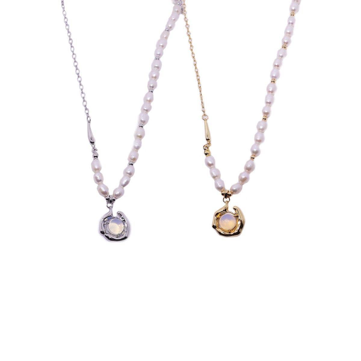 Vintage Moonstone and Pearl Necklace with Bone Chain - Gold - view 3