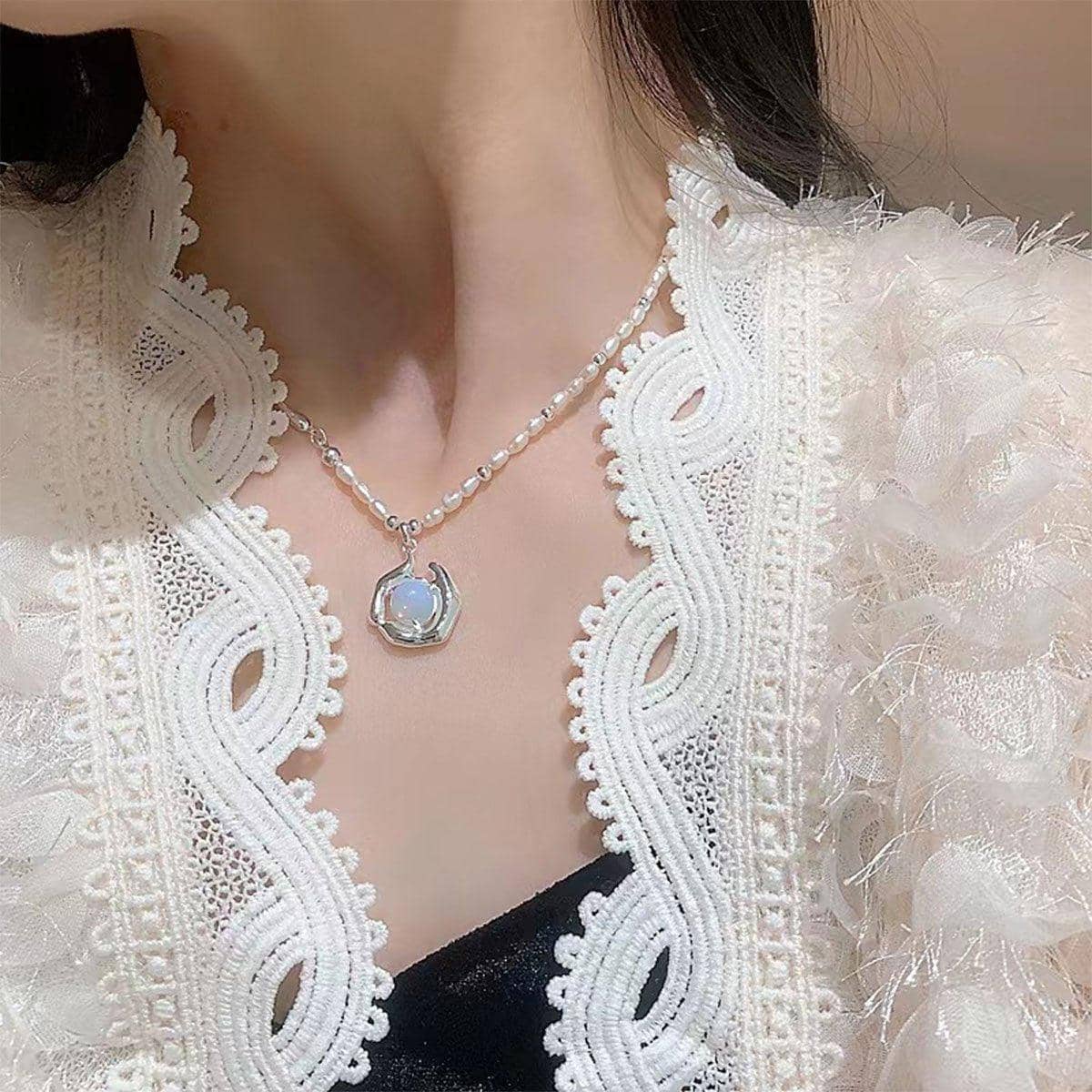 Vintage Moonstone and Pearl Necklace with Bone Chain - Gold - view 5