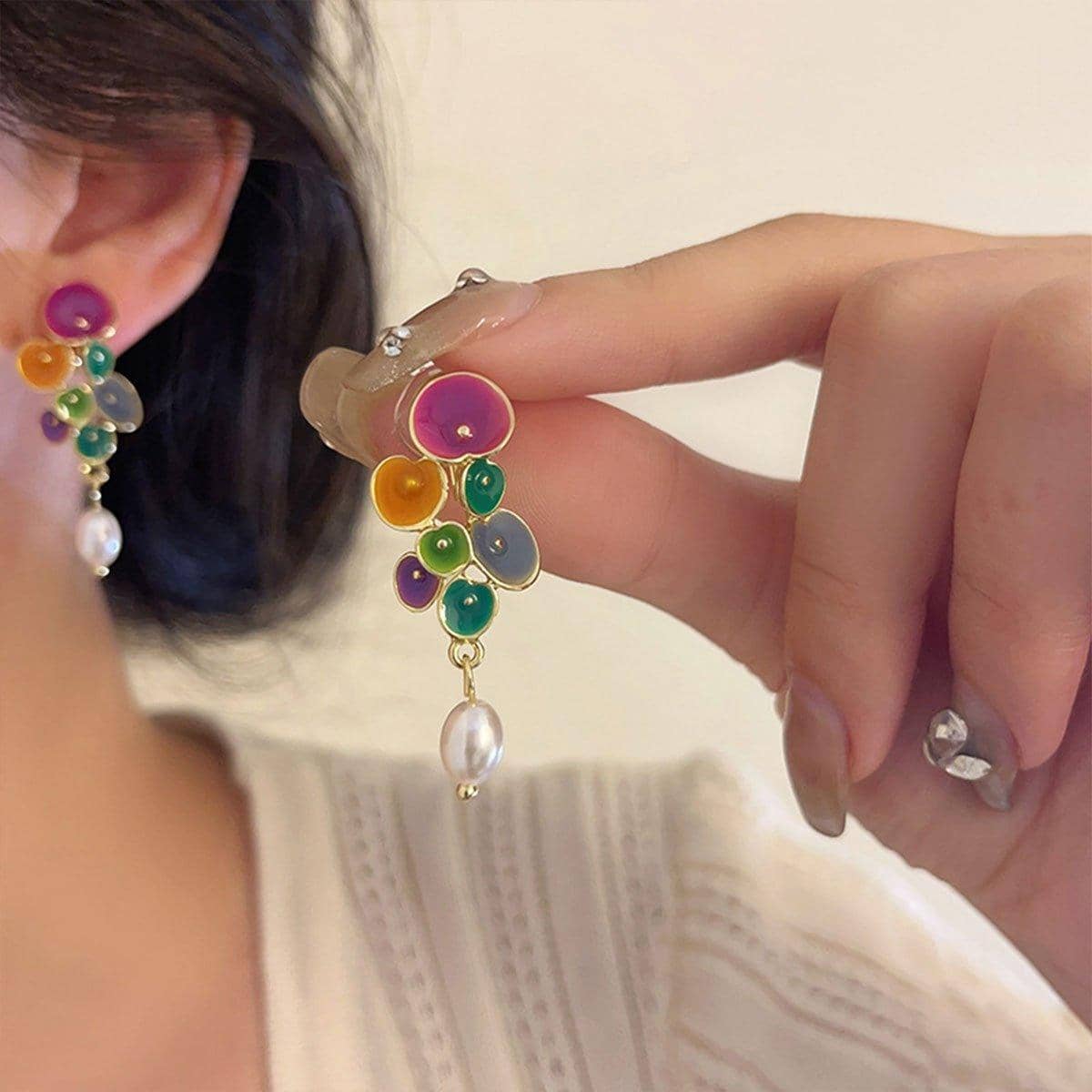 Vintage Multicolour Cluster Pearl Drop Earrings - view 5
