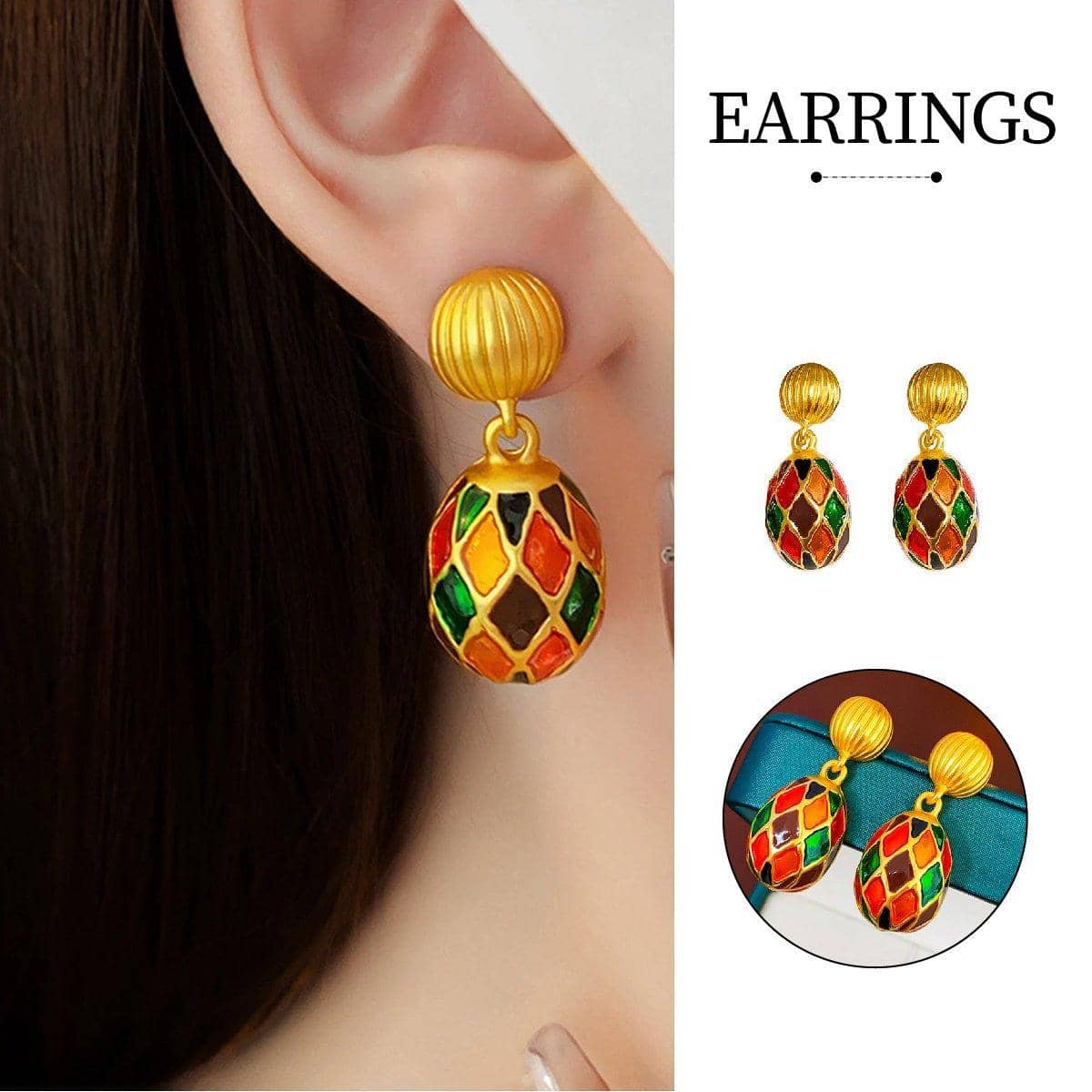 Vintage Multicolour Enamel Oil Drop Earrings with Gold Tone Finish