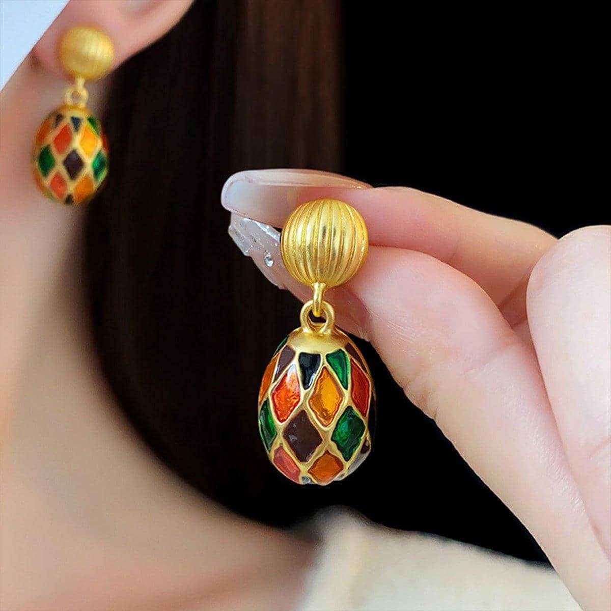 Vintage Multicolour Enamel Oil Drop Earrings with Gold Tone Finish - view 5