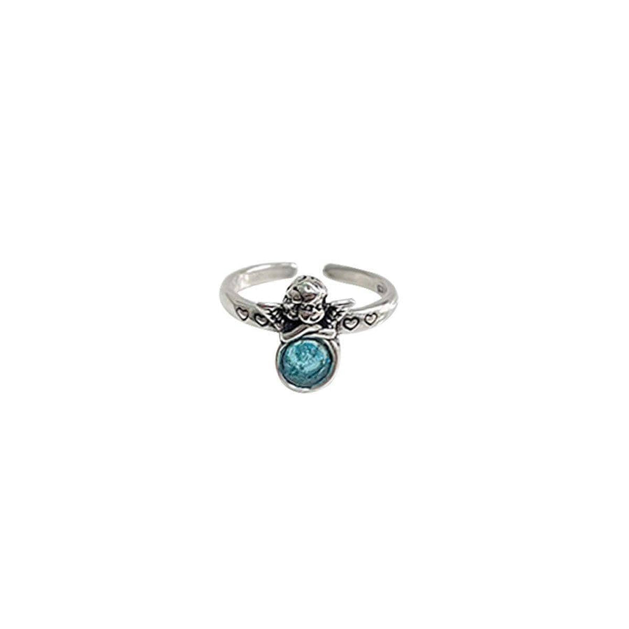 Vintage Open Ring - Angel with Aqua Blue Stone