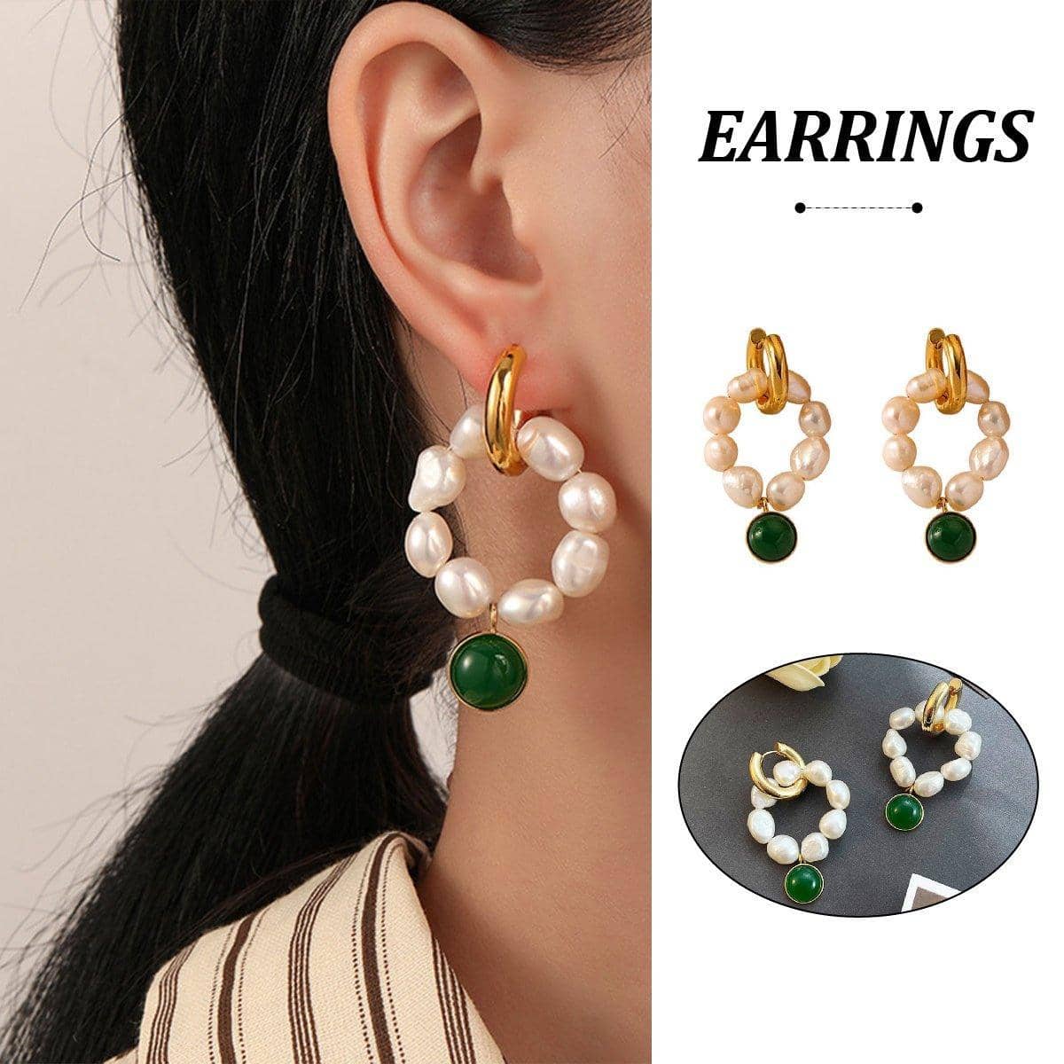 Vintage Pearl and Green Gemstone Earrings