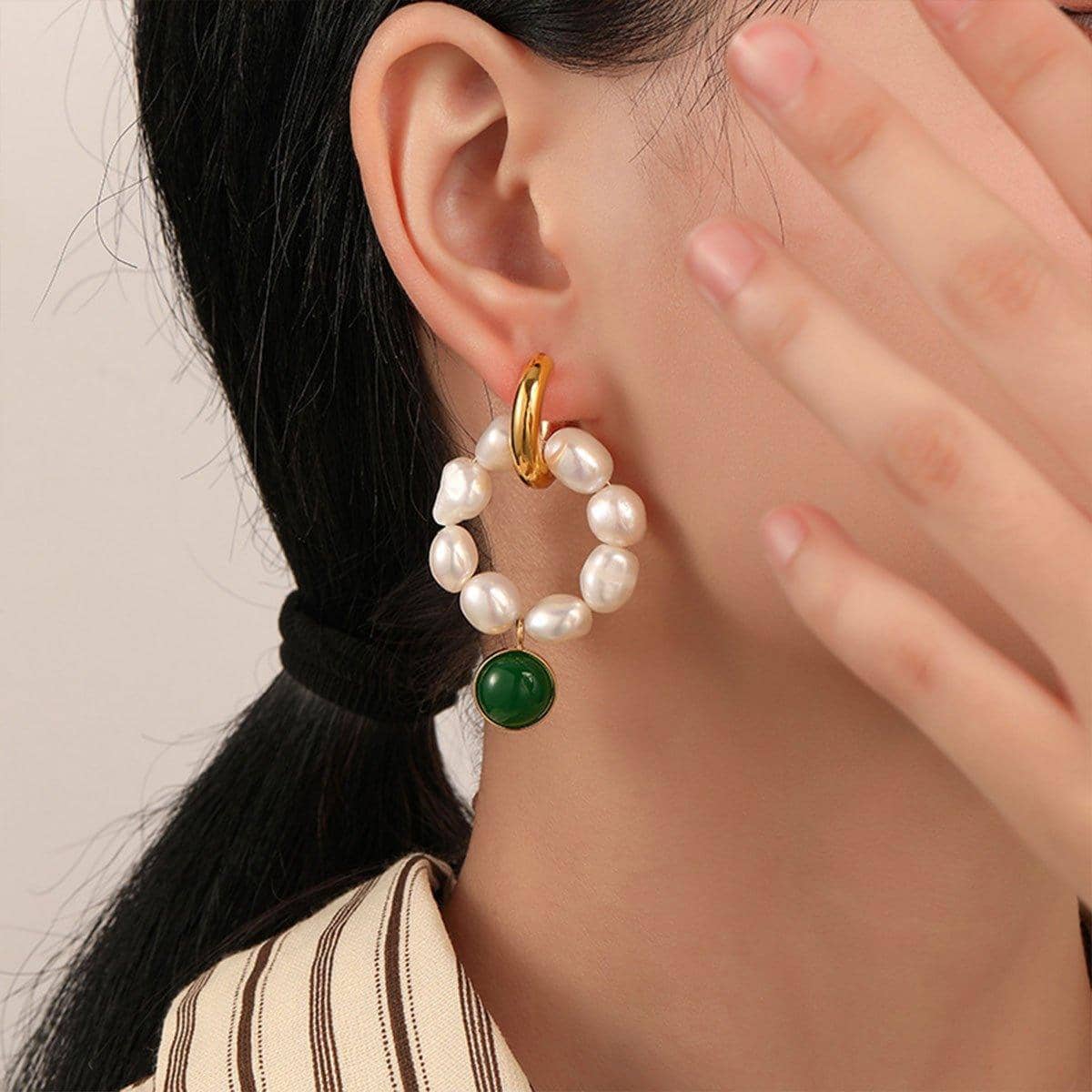 Vintage Pearl and Green Gemstone Earrings - view 4