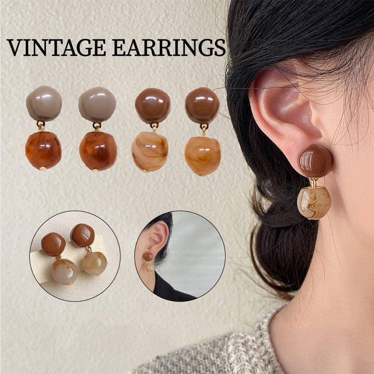 Vintage Resin Drop Earrings for Women - Taupe and Amber - view 2