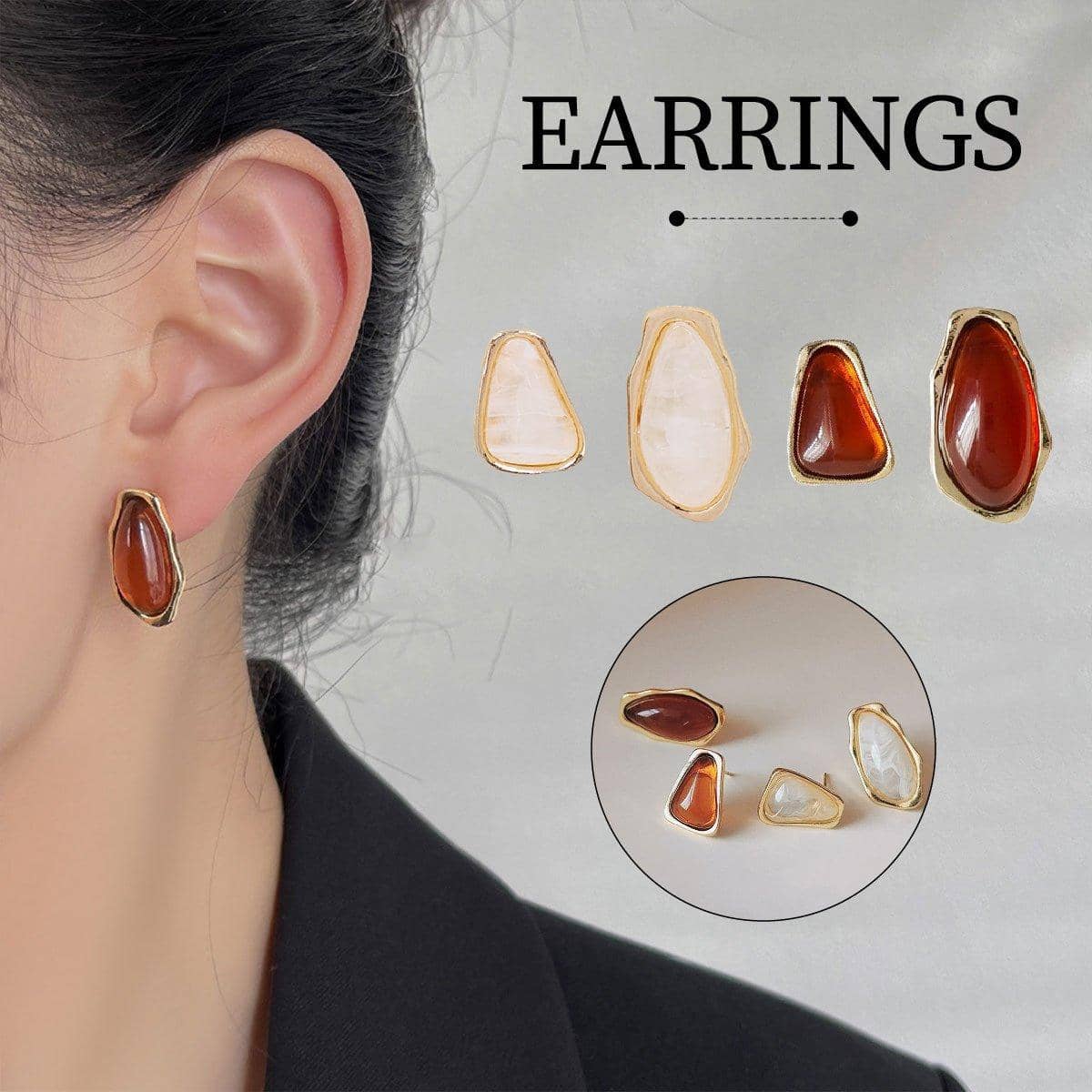 Vintage Resin Stud Earrings for Women - Beige - view 2