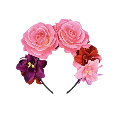 Vintage Rose Flower Headband for Halloween Fancy Dress - Pink, Purple and Red