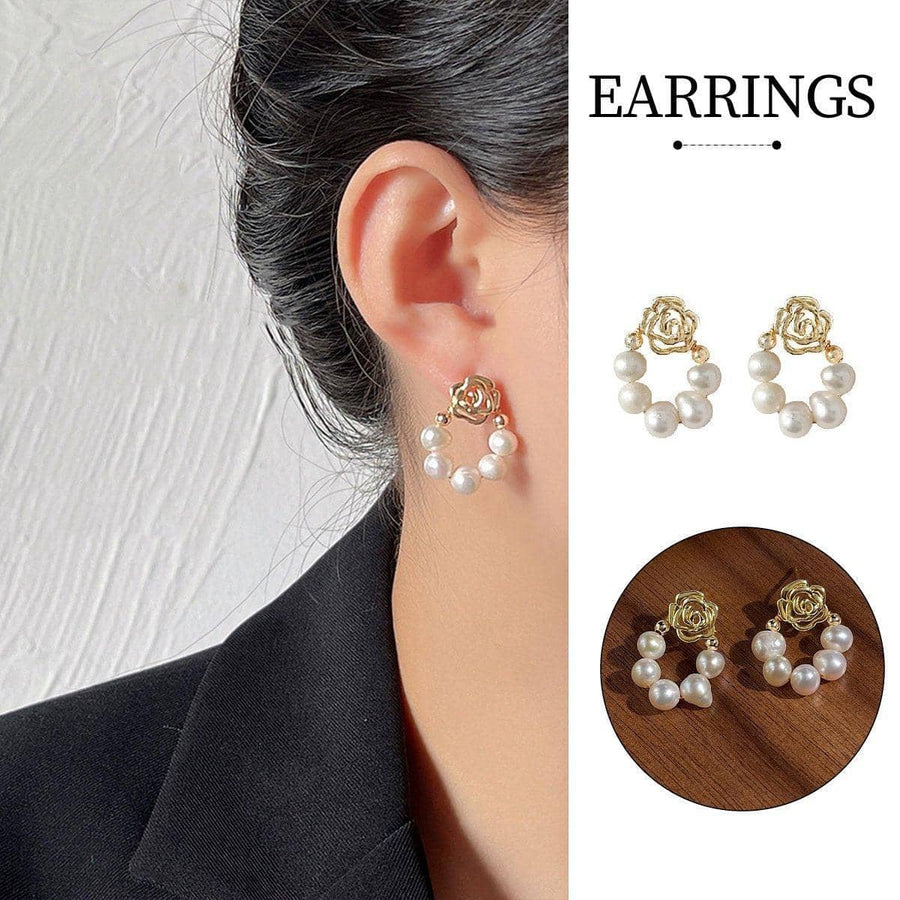 Vintage Rose Imitation Pearl Stud Earrings for Women, Gold and White