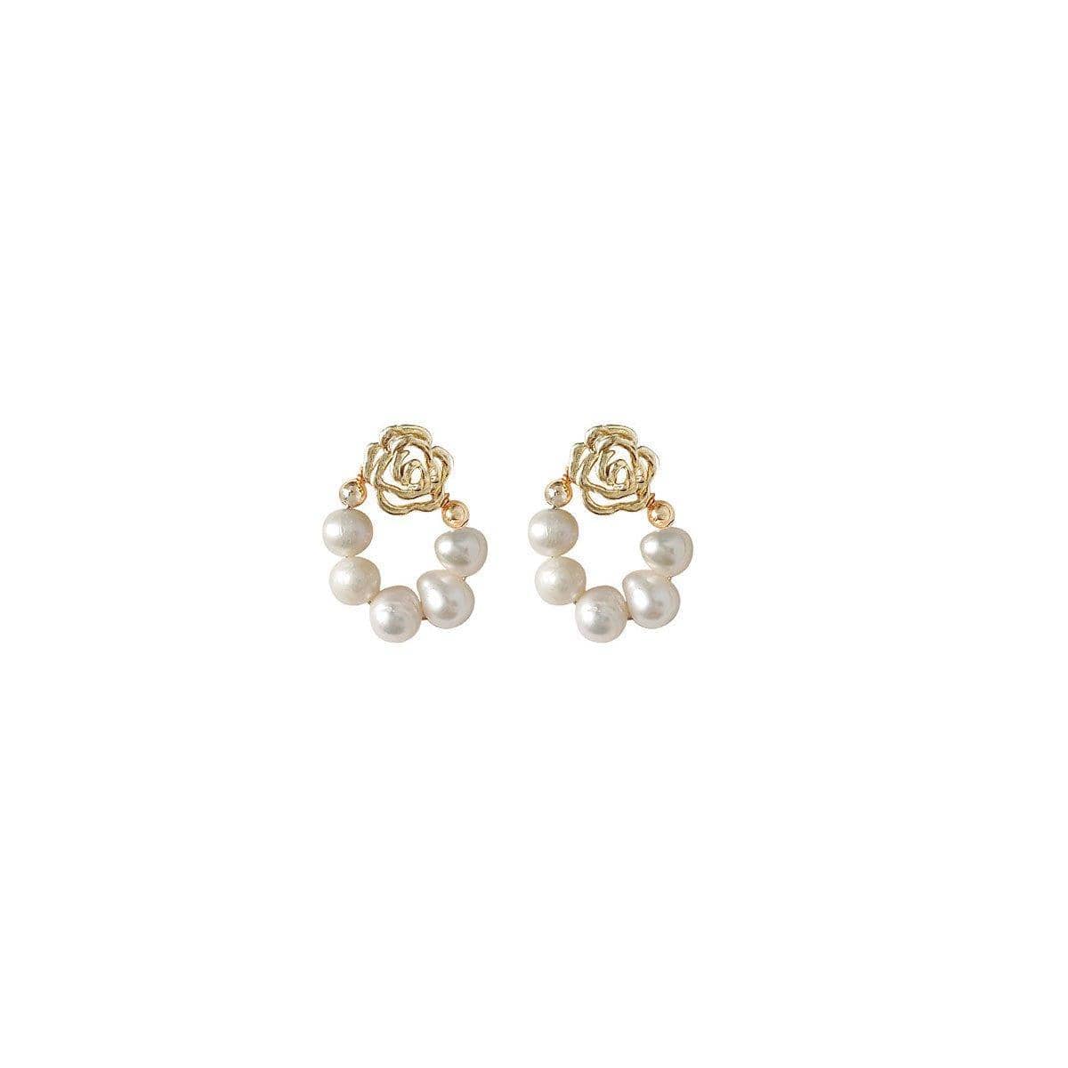 Vintage Rose Imitation Pearl Stud Earrings for Women, Gold and White - view 2