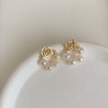 Vintage Rose Imitation Pearl Stud Earrings for Women, Gold and White - view 5