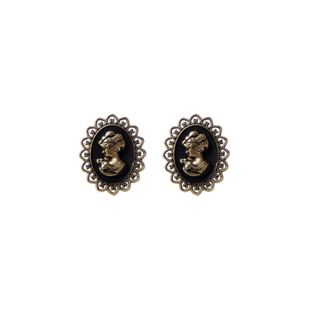 Vintage Stud Earrings for Women - Antique Gold Cameo with Lace-Style Edge