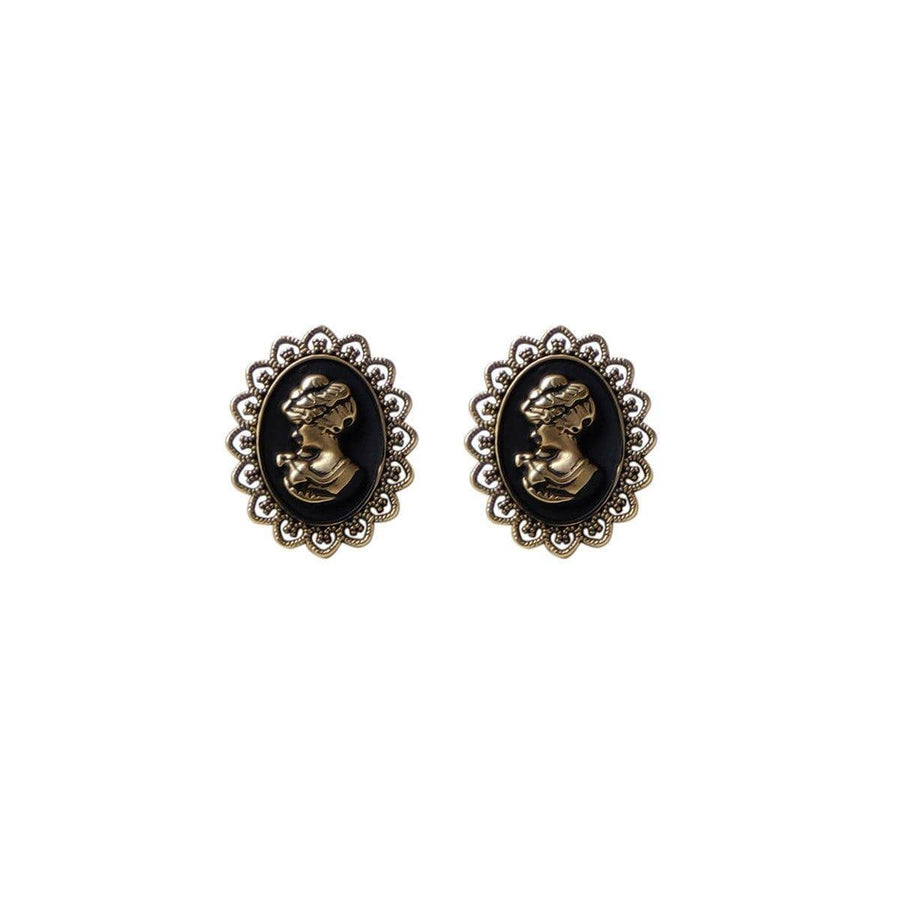 Vintage Stud Earrings for Women - Antique Gold Cameo with Lace-Style Edge