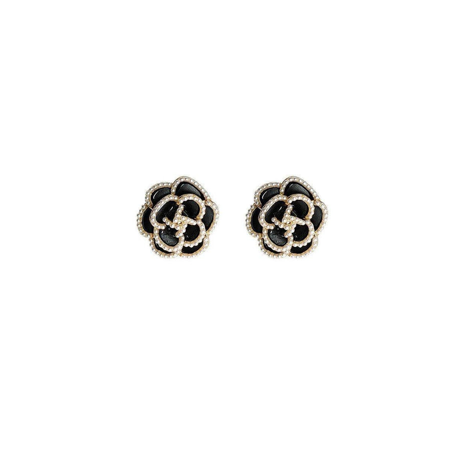 Vintage Stud Earrings for Women - Black Flower with Pearl-Style Trim