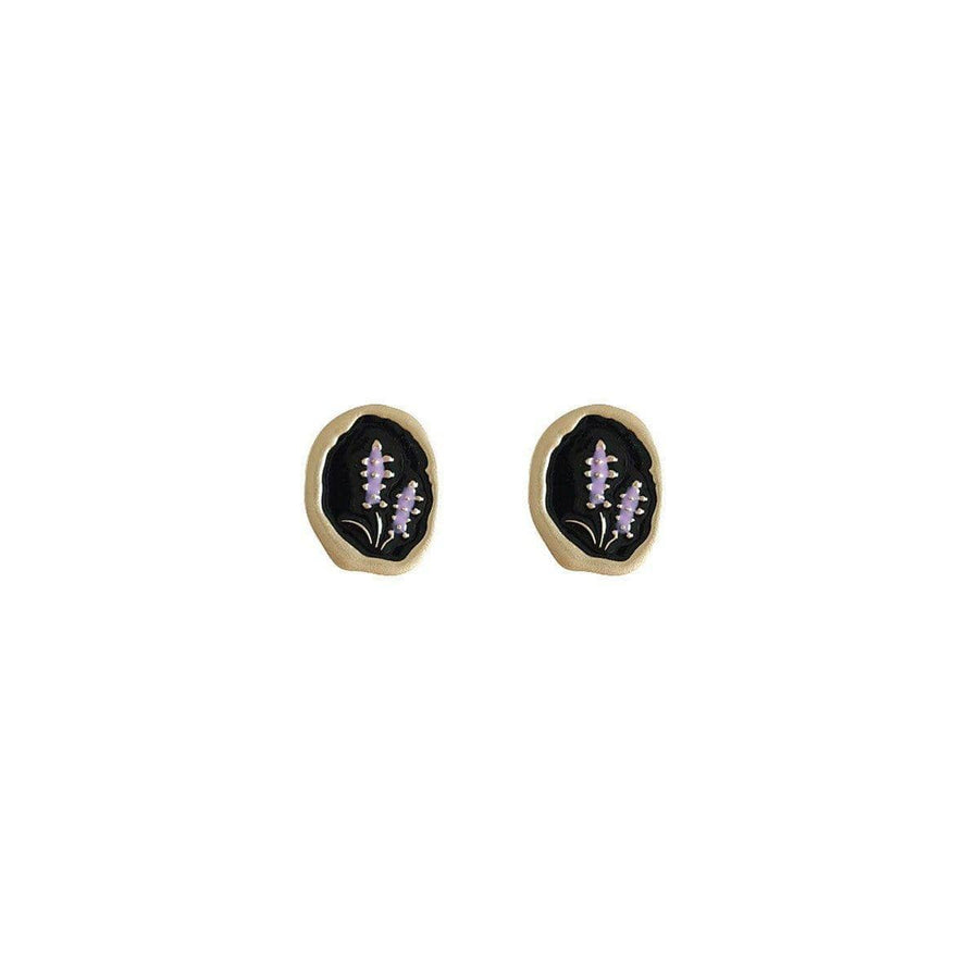 Vintage Stud Earrings for Women - Black Oval with Purple Lavender Sprigs