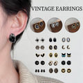 Vintage Stud Earrings for Women - Black Oval with Purple Lavender Sprigs - view 2