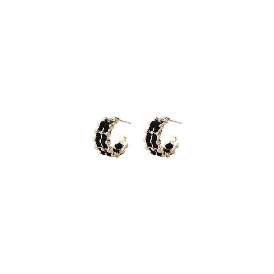 Vintage Stud Earrings for Women - Black Wrapped Gold-Tone Hoop