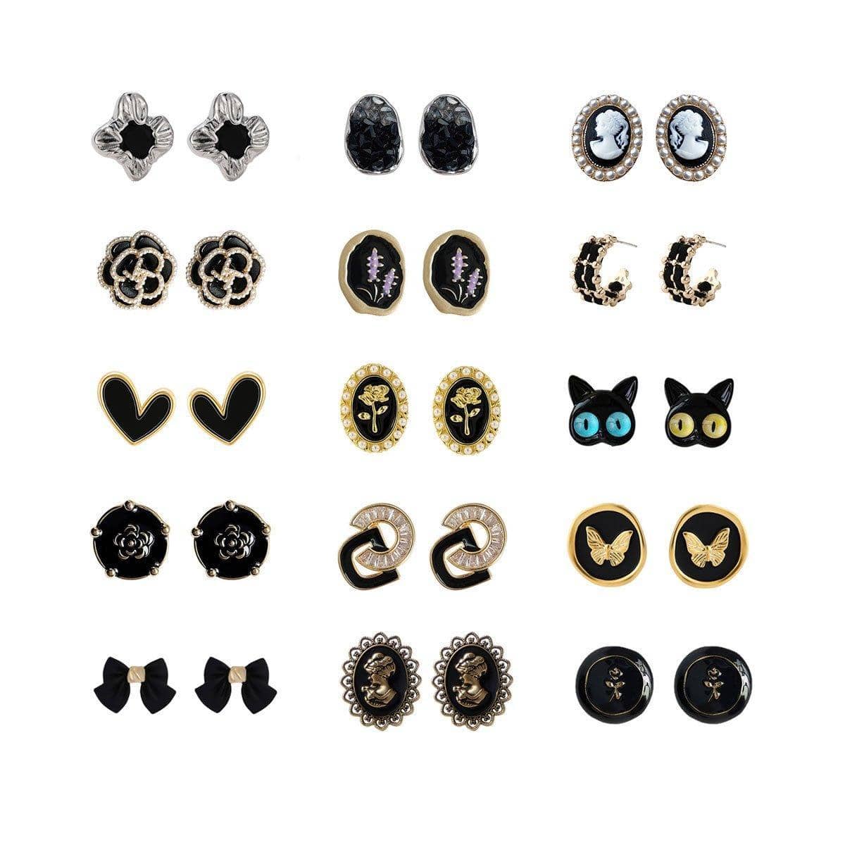 Vintage Stud Earrings for Women - Black Wrapped Gold-Tone Hoop - view 3