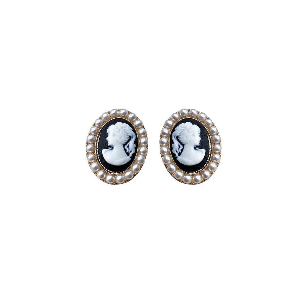 Vintage Stud Earrings for Women - Cameo with Pearl-Style Beads, Gold Tone