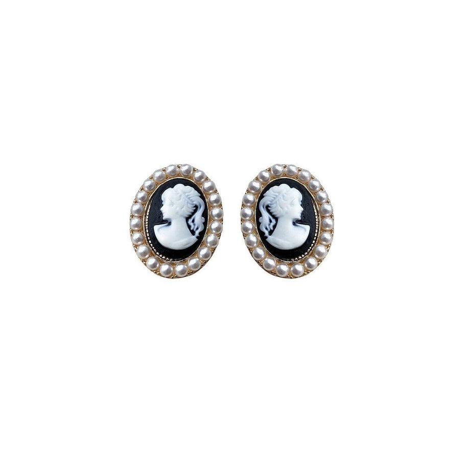 Vintage Stud Earrings for Women - Cameo with Pearl-Style Beads, Gold Tone