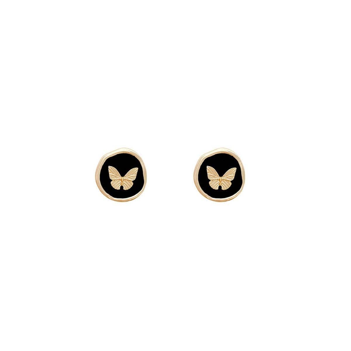 Vintage Stud Earrings for Women - Gold Butterfly on Black Round