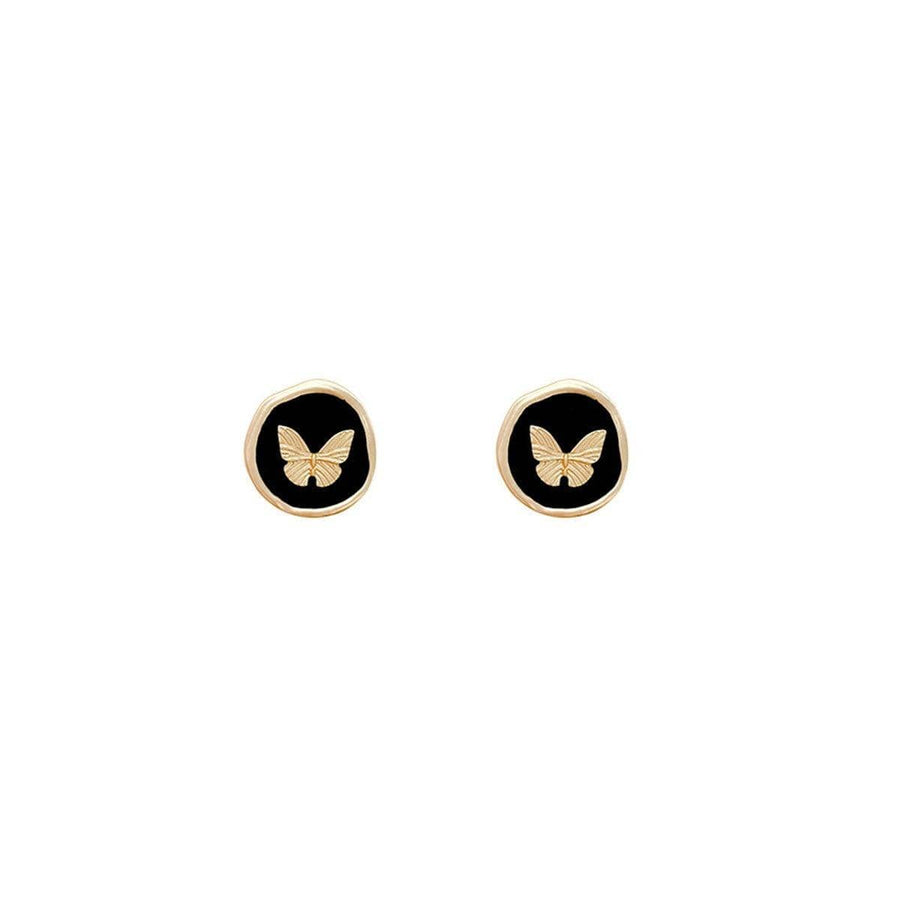 Vintage Stud Earrings for Women - Gold Butterfly on Black Round
