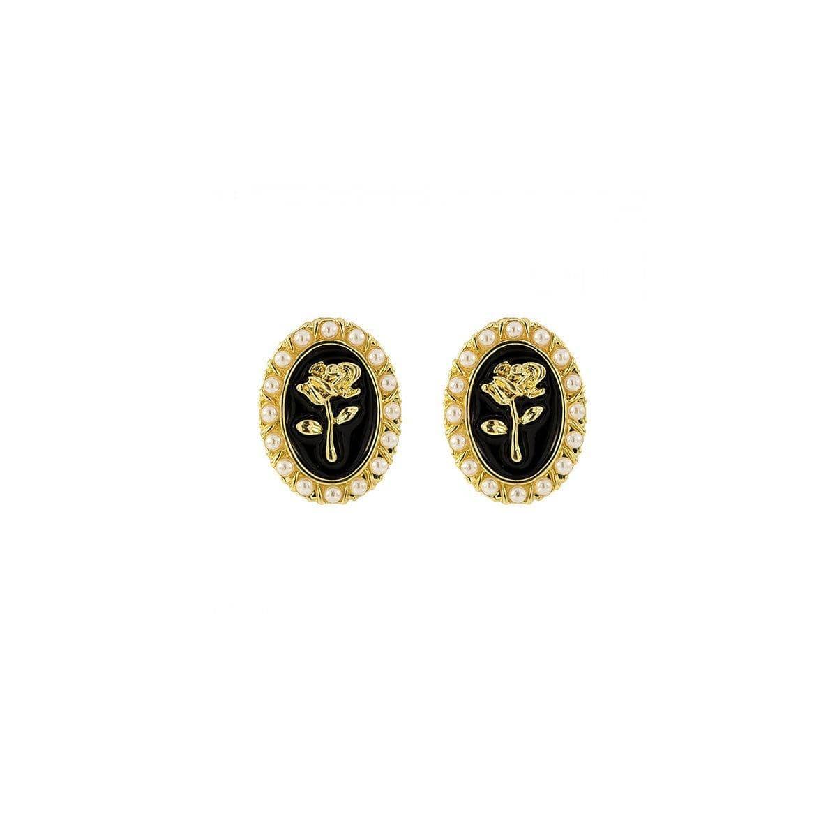 Vintage Stud Earrings for Women - Gold Rose on Black Oval with Pearl-Style Trim