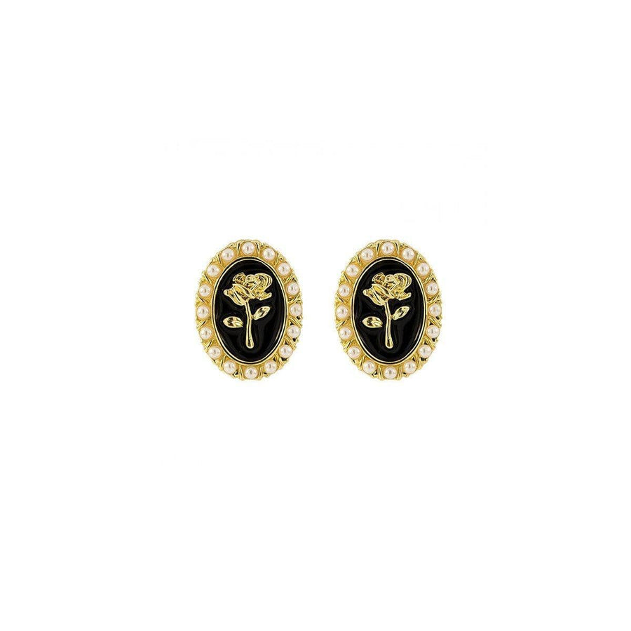 Vintage Stud Earrings for Women - Gold Rose on Black Oval with Pearl-Style Trim