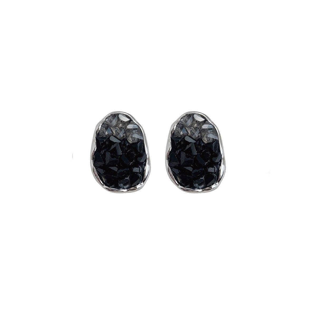 Vintage Stud Earrings for Women - Oval Black Faceted Stones, Silver Tone