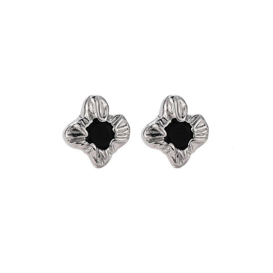 Vintage Stud Earrings for Women - Silver-Tone Flower with Black Stone