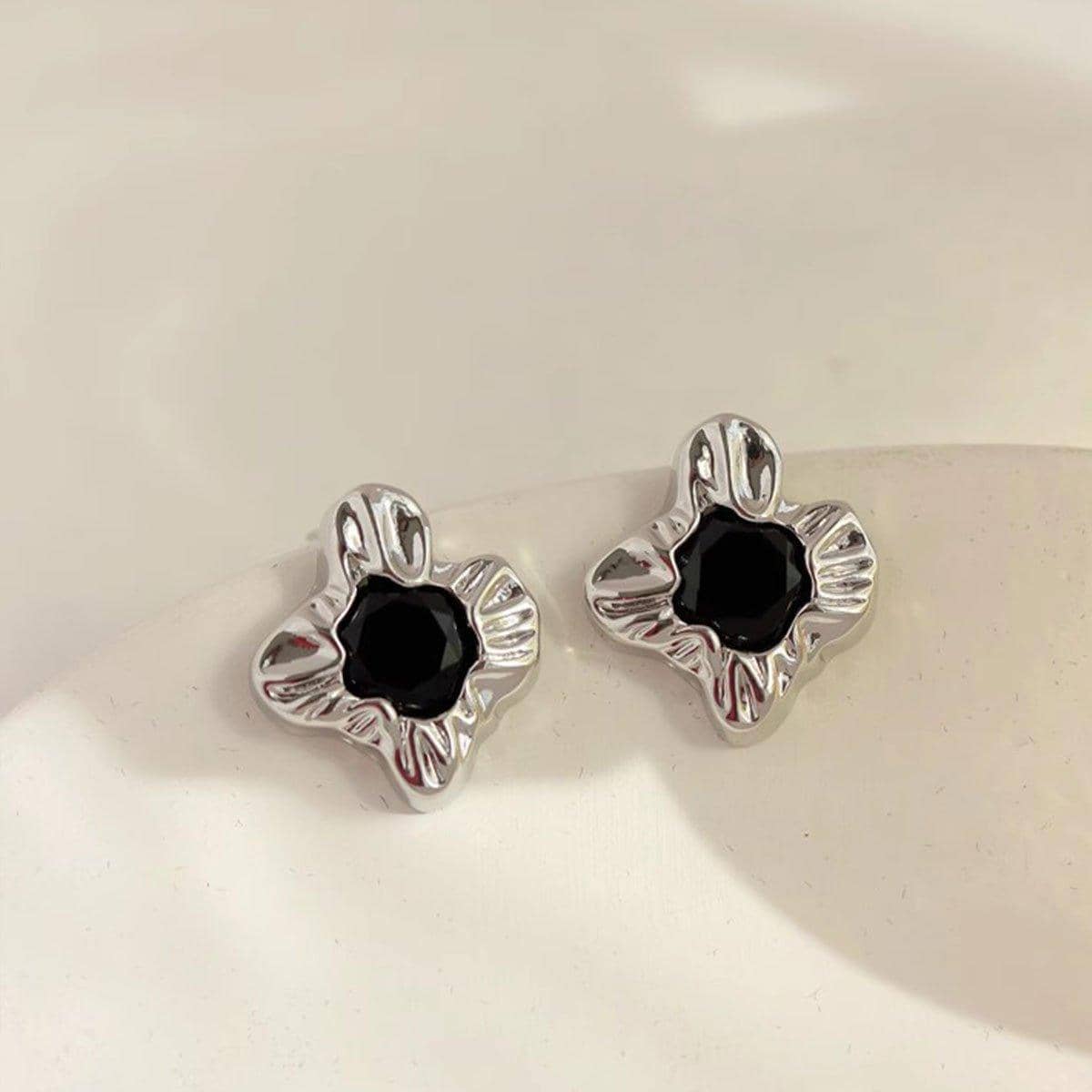 Vintage Stud Earrings for Women - Silver-Tone Flower with Black Stone - view 5