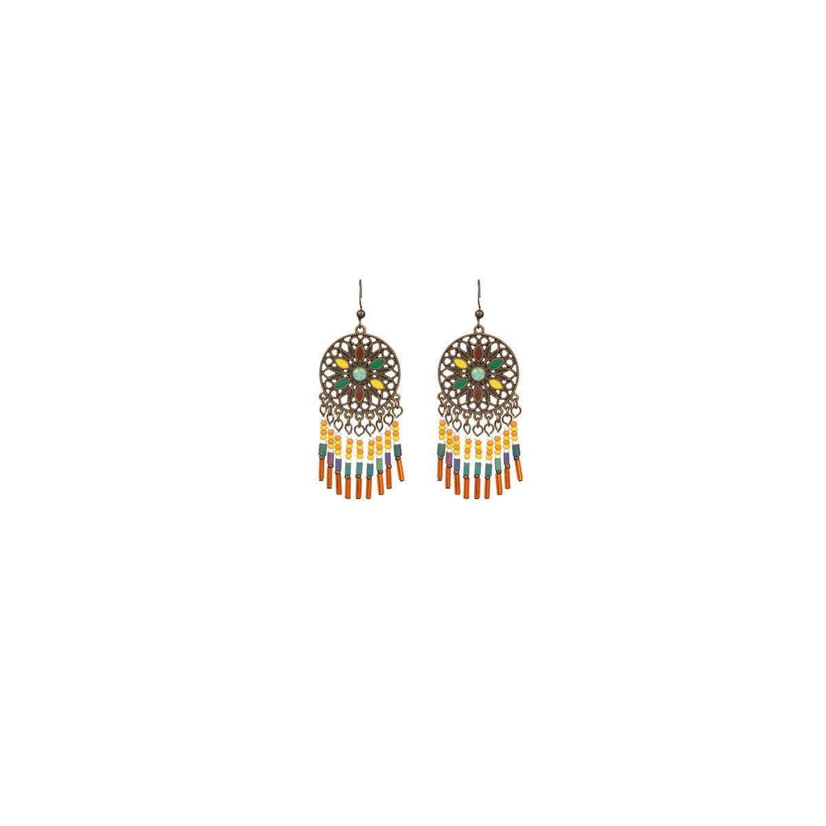 Vintage Style Dangle Earrings for Women - Round Flower Medallion with Multicolour Bead Tassels