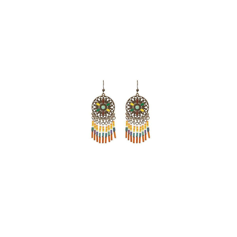 Vintage Style Dangle Earrings for Women - Round Flower Medallion with Multicolour Bead Tassels