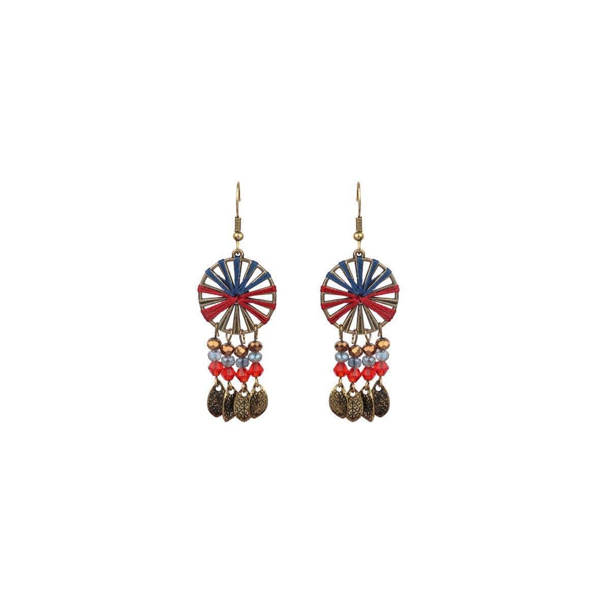 Vintage Style Dangle Earrings for Women - Round Wheel with Blue and Red Thread