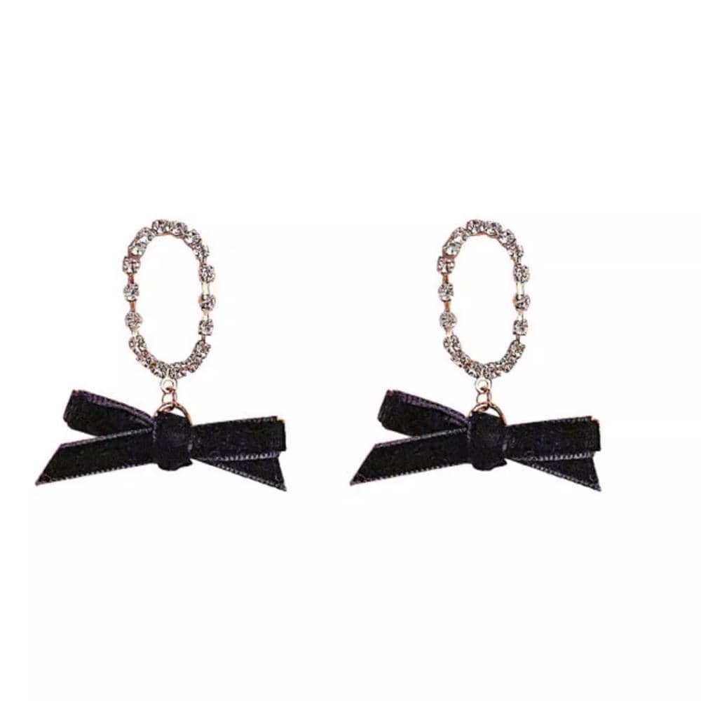 Vintage Style Drop Earrings - Black Velvet Bow with Crystal Oval Loop