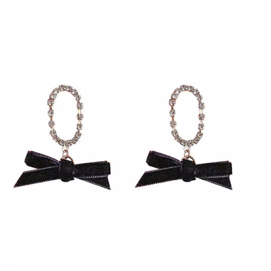 Vintage Style Drop Earrings - Black Velvet Bow with Crystal Oval Loop