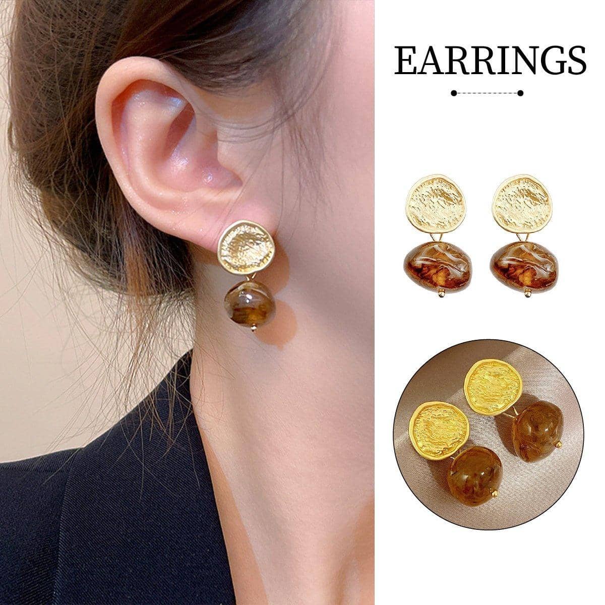 Vintage Style Drop Earrings for Women, Gold Tone with Amber Brown Drop