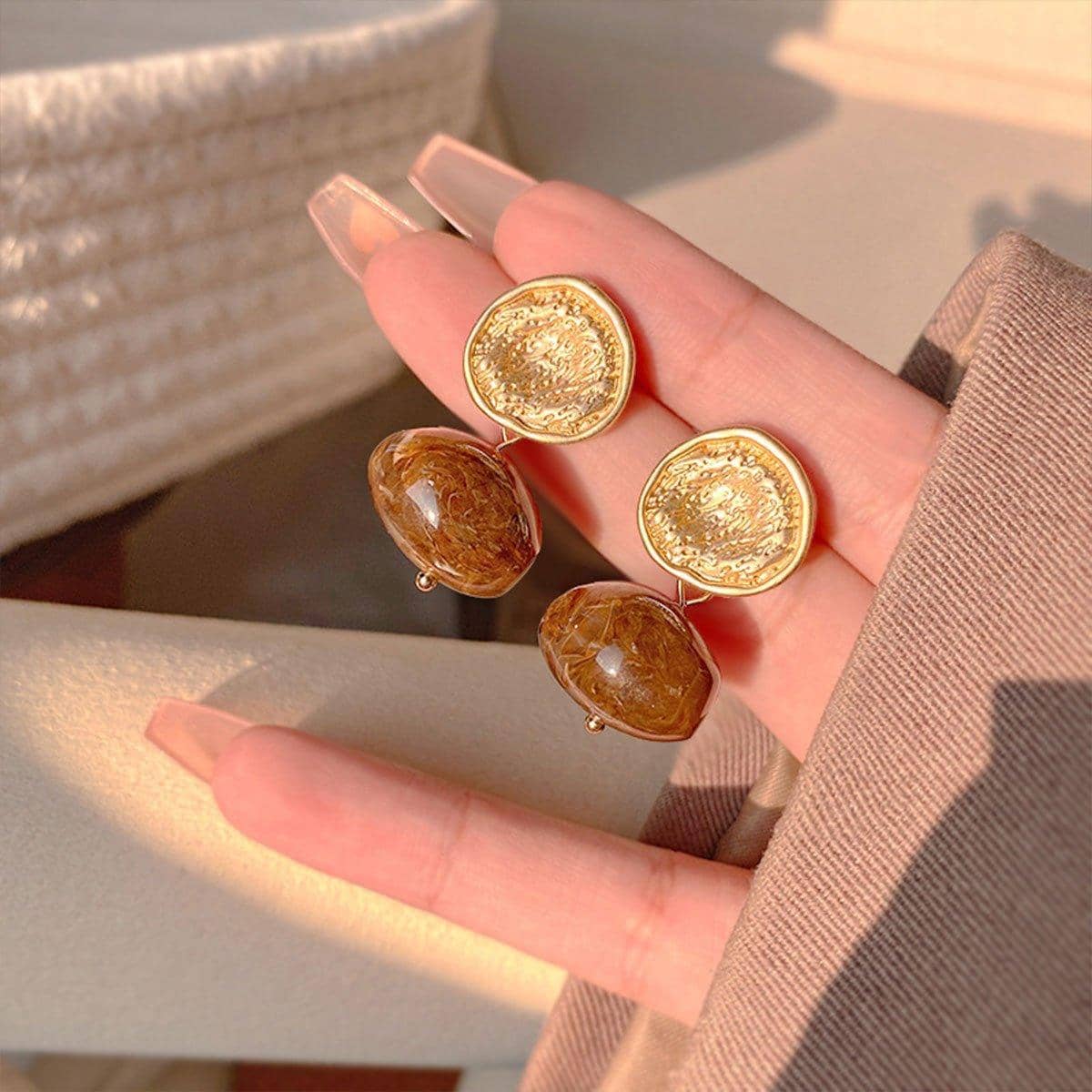 Vintage Style Drop Earrings for Women, Gold Tone with Amber Brown Drop - view 4