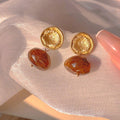 Vintage Style Drop Earrings for Women, Gold Tone with Amber Brown Drop - view 5