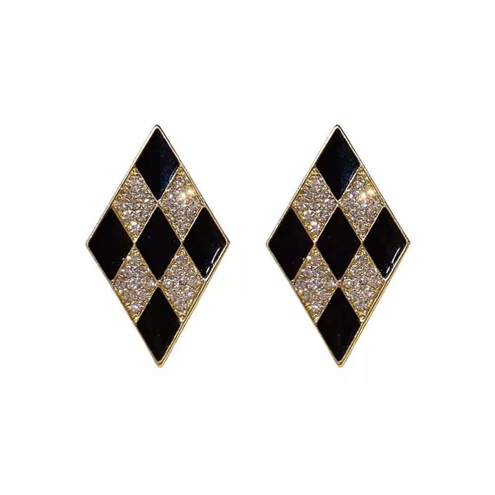 Vintage Style Earrings - Black and Gold Diamond Shape with Crystals